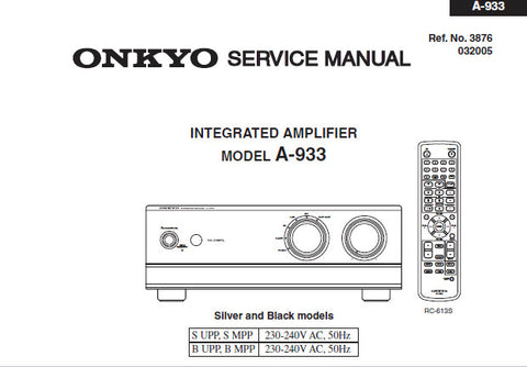 ONKYO A-933 INTEGRATED STEREO AMPLIFIER SERVICE MANUAL INC SCHEM DIAGS PCB'S AND PARTS LIST 67 PAGES ENG