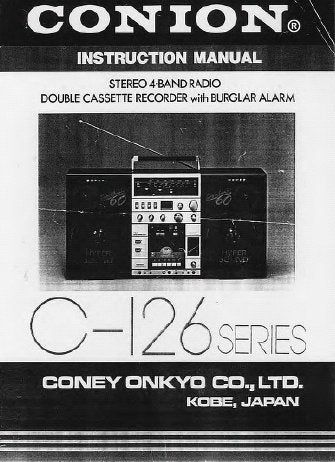 ONKYO C-126 SERIES CONION STEREO 4 BAND RADIO DOUBLE CASSETTE RECORDER WITH BURGLAR ALARM INSTRUCTION MANUAL 8 PAGES ENG