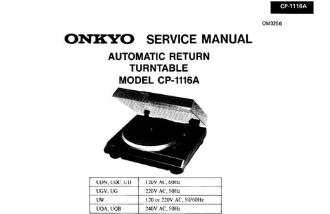 ONKYO CP-1116A AUTOMATIC RETURN TURNTABLE SERVICE MANUAL INC CONN DIAG AND PARTS LIST 5 PAGES ENG