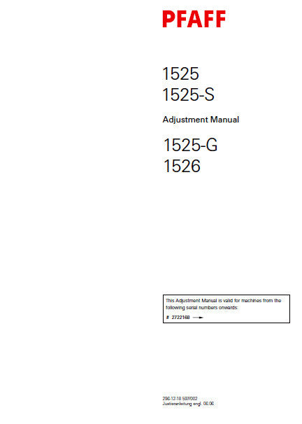 PFAFF 1525 1525-S 1525-G 1526 SEWING MACHINE ADJUSTMENT MANUAL BOOK INC SCHEM DIAGS 62 PAGES ENG