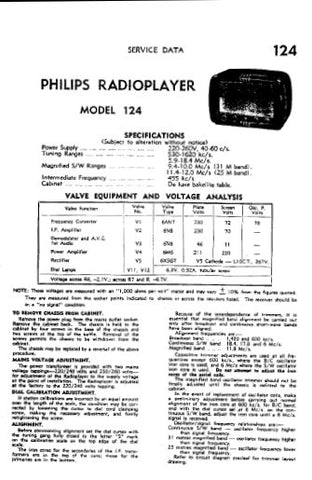 PHILIPS 124 RADIOPLAYER SERVICE DATA INC SCHEM DIAG AND PARTS LIST 4 PAGES ENG