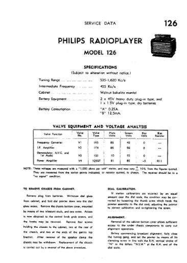 PHILIPS 126 RADIOPLAYER SERVICE DATA INC SCHEM DIAG AND PARTS LIST 4 PAGES ENG