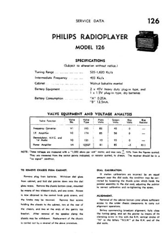 PHILIPS 126 RADIOPLAYER SERVICE DATA INC SCHEM DIAG AND PARTS LIST 4 PAGES ENG