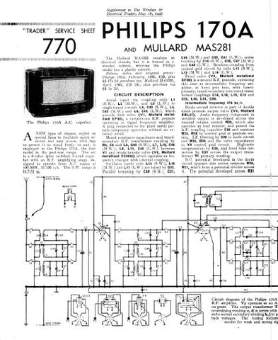 PHILIPS 170A SUPERHET RADIO SERVICE SHEET INC SCHEM DIAG 4 PAGES ENG