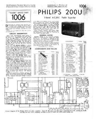 PHILIPS 200U 3 BAND AC DC TABLE SUPERHET RADIO SERVICE SHEET INC PCBS AND SCHEM DIAG 2 PAGES ENG