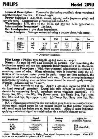 PHILIPS 209U 3 WAVEBAND SUPER HETERODYNE RECEIVER SERVICE MANUAL INC SCHEM DIAG AND PARTS LIST 3 PAGES ENG