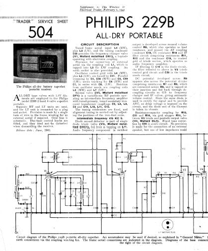 PHILIPS 229B ALL DRY BATTERY SUPERHET PORTABLE RECEIVER SERVICE SHEET INC PCBS SCHEM DIAG PARTS LIST 4 PAGES ENG