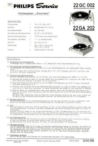 PHILIPS 22GC002 22GA202 PLATTENSPIELER ELECTRONIC SERVICE MANUAL INC PCBS SCHEM DIAG AND PARTS LIST 8 SEITE DEUT