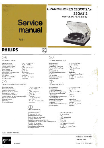 PHILIPS 22GC012 22GA212 GRAMOPHONES SERVICE MANUAL INC PCBS SCHEM DIAG AND PARTS LIST 22 PAGES ENG DEUT FRANC NL ESP