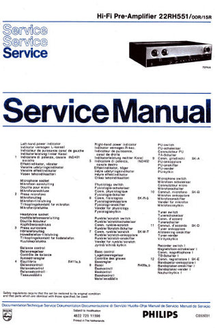 PHILIPS 22RH551 HIFI PREAMPLIFIER SERVICE MANUAL INC PCBS SCHEM DIAGS AND PARTS LIST 15 PAGES ENG