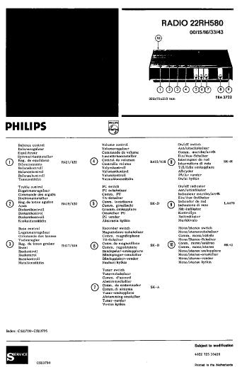 PHILIPS 22RH580 RADIO SERVICE MANUAL INC SCHEM DIAGS AND PARTS LIST 6 PAGES ENG