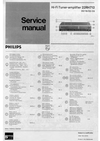 PHILIPS 22RH712 HIFI TUNER AMPLIFIER SERVICE MANUAL INC PCBS SCHEM DIAGS AND PARTS LIST 25 PAGES ENG DEUT FRANC NL ITAL