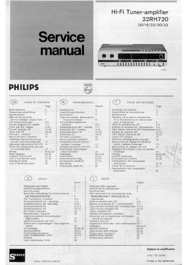 PHILIPS 22RH720 HIFI TUNER AMPLIFIER SERVICE MANUAL INC PCBS SCHEM DIAGS AND PARTS LIST 30 PAGES ENG DEUT FRANC NL ITAL