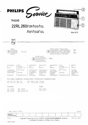 PHILIPS 22RL260 RADIO SERVICE MANUAL INC PCBS SCHEM DIAGS AND PARTS LIST 7 PAGES ENG DEUT FRANC NL ITAL