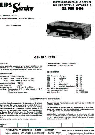 PHILIPS 22RN364 RADIO INSTRUCTIONS POUR LE SERVICE INC PCBS SCHEM DIAGS AND PARTS LIST 7 PAGES FRANC