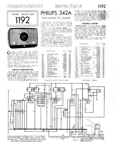 PHILIPS 342A MUSIC MAID CLOCK CONTROLLED AC SUPERHET RADIO SERVICE SHEET INC PCBS SCHEM DIAG AND PARTS LIST 2 PAGES ENG