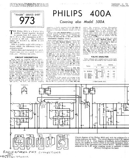 PHILIPS 400A 500A 3 BAND SUPERHET RECEIVER SERVICE SHEET INC SCHEM DIAG AND PARTS LIST 4 PAGES ENG