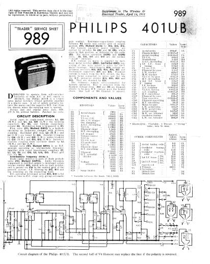 PHILIPS 401UB 2 BAND PORTABLE SUPERHET RECEIVER SERVICE SHEET INC SCHEM DIAG AND PARTS LIST 2 PAGES ENG