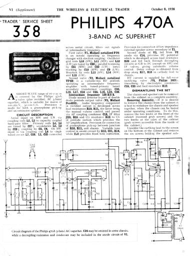 PHILIPS 470A 3 BAND AC SUPERHET RADIO SERVICE SHEET INC SCHEM DIAG AND PARTS LIST 3 PAGES ENG