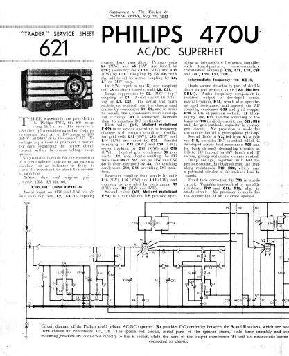 PHILIPS 470U AC DC SUPERHET RECEIVER SERVICE SHEET INC SCHEM DIAG AND PARTS LIST 4 PAGES ENG