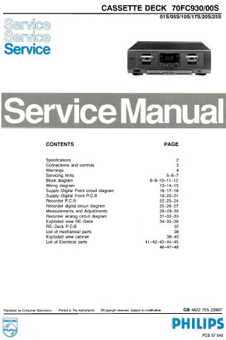 PHILIPS 70FC930 CASSETTE DECK SERVICE MANUAL INC PCBS SCHEM DIAGS AND PARTS LIST 25 PAGES ENG DEUT FRANC NL ITAL