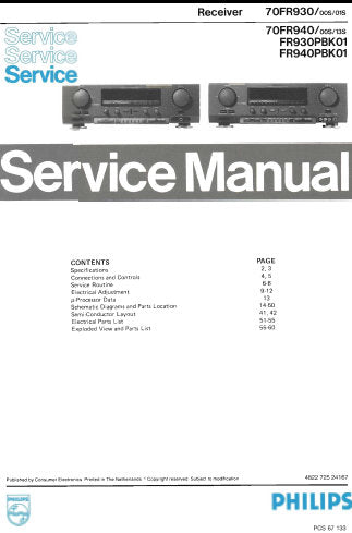 PHILIPS 70FR930 70FR940 70FR930PBK01 70FR940PBK01 RECEIVER SERVICE MANUAL INC PCBS SCHEM DIAGS AND PARTS LIST 28 PAGES ENG DEUT FRANC NL ITAL