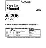 PIONEER A-105 A-205 STEREO AMPLIFIER SERVICE MANUAL INC BLK DIAG PCBS SCHEM DIAGS AND PARTS LIST 32 PAGES ENG