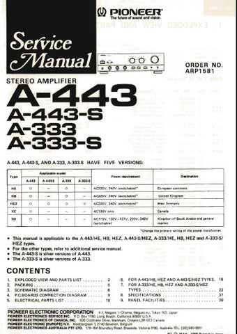 PIONEER A-333 A-333-S A-443 A-443-S STEREO AMPLIFIER SERVICE MANUAL INC PCBS SCHEM DIAGS AND PARTS LIST 25 PAGES ENG
