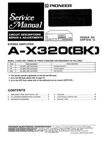 PIONEER A-X320 STEREO AMPLIFIER SERVICE MANUAL INC PCBS SCHEM DIAGS AND PARTS LIST 12 PAGES ENG