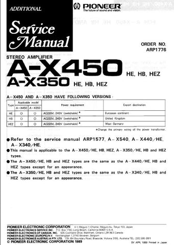 PIONEER A-X350 A-X450 STEREO AMPLIFIER SERVICE MANUAL INC PCBS AND SCHEM DIAGS 11 PAGES ENG