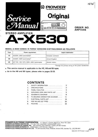 PIONEER A-X530 STEREO AMPLIFIER SERVICE MANUAL INC PCBS SCHEM DIAGS AND PARTS LIST 14 PAGES ENG