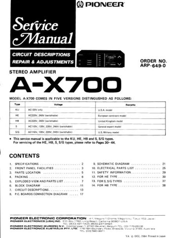 PIONEER A-X700 STEREO AMPLIFIER SERVICE MANUAL INC BLK DIAG PCBS SCHEM DIAG AND PARTS LIST 56 PAGES ENG