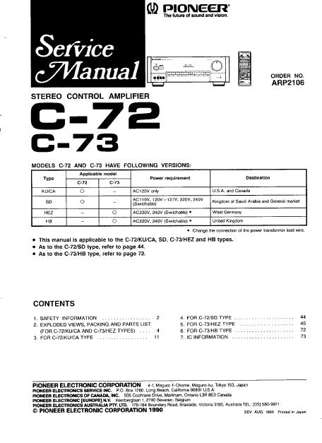 PIONEER C-72 C-73 STEREO CONTROL AMPLIFIER SERVICE MANUAL INC PCBS SCHEM DIAGS AND PARTS LIST 59 PAGES ENG