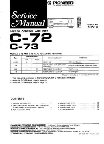 PIONEER C-72 C-73 STEREO CONTROL AMPLIFIER SERVICE MANUAL INC PCBS SCHEM DIAGS AND PARTS LIST 59 PAGES ENG