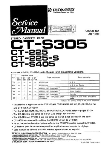 PIONEER CT-225 CT-225-S CT-S305 CT-S405 STEREO CASSETTE DECK SERVICE MANUAL INC BLK DIAG PCBS SCHEM DIAG AND PARTS LIST 34 PAGES ENG