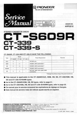 PIONEER CT-339 CT-339-S CT-S609R STEREO CASSETTE DECK SERVICE MANUAL INC PCBS SCHEM DIAG AND PARTS LIST 35 PAGES ENG