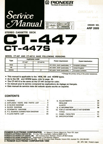 PIONEER CT-447 CT-447S STEREO CASSETTE DECK SERVICE MANUAL INC BLK DIAG PCBS SCHEM DIAG AND PARTS LIST 29 PAGES ENG