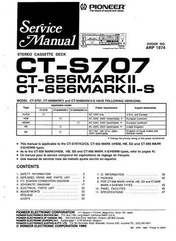 PIONEER CT-656MARKII CT-656MARKII-S CT-S707 STEREO CASSETTE DECK SERVICE MANUAL INC PCBS SCHEM DIAG AND PARTS LIST 30 PAGES ENG
