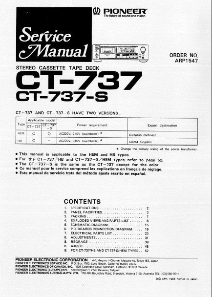 PIONEER CT-737 CT-737-S STEREO CASSETTE TAPE DECK SERVICE MANUAL INC PCBS SCHEM DIAG AND PARTS LIST 20 PAGES ENG