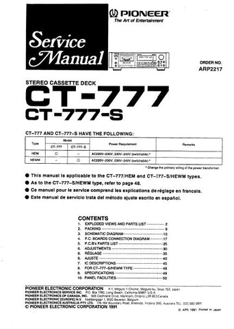 PIONEER CT-777-S CT-777 STEREO CASSETTE DECK SERVICE MANUAL INC PCBS SCHEM DIAG AND PARTS LIST 31 PAGES ENG