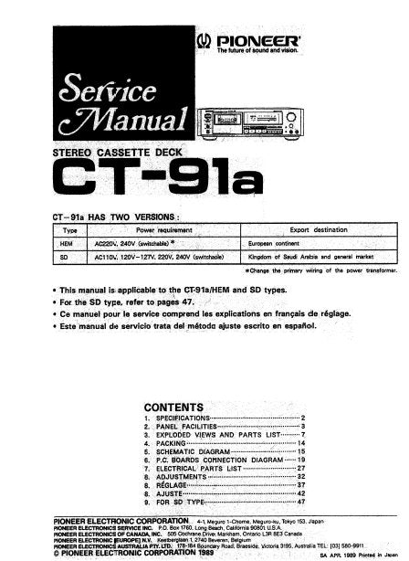 PIONEER CT-91a STEREO CASSETTE DECK SERVICE MANUAL INC PCBS SCHEM DIAG AND PARTS LIST 24 PAGES ENG