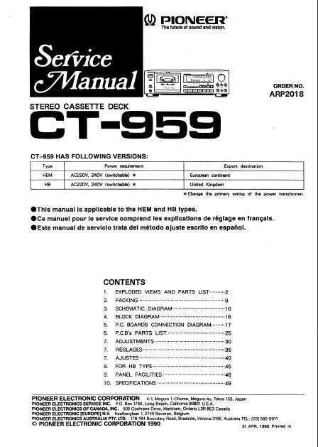 PIONEER CT-959 STEREO CASSETTE DECK SERVICE MANUAL INC BLK DIAG PCBS SCHEM DIAG AND PARTS LIST 22 PAGES ENG