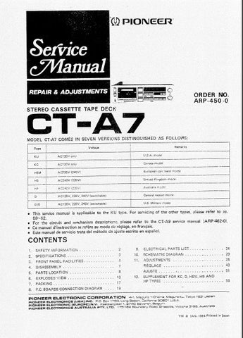 PIONEER CT-A7 STEREO CASSETTE TAPE DECK SERVICE MANUAL INC PCBS SCHEM DIAG AND PARTS LIST 35 PAGES ENG