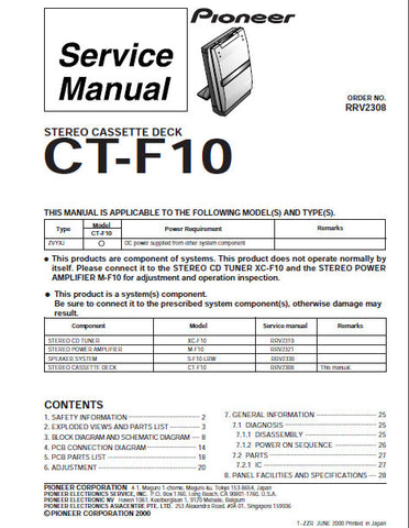 PIONEER CT-F10 STEREO CASSETTE DECK SERVICE MANUAL INC BLK DIAG PCBS SCHEM DIAG AND PARTS LIST 28 PAGES ENG