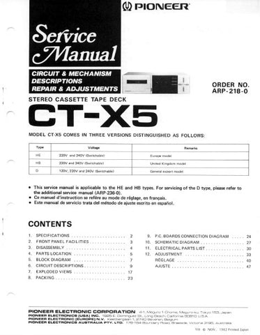 PIONEER CT-X5 STEREO CASSETTE TAPE DECK SERVICE MANUAL INC BLK DIAG PCBS SCHEM DIAG AND PARTS LIST 53 PAGES ENG