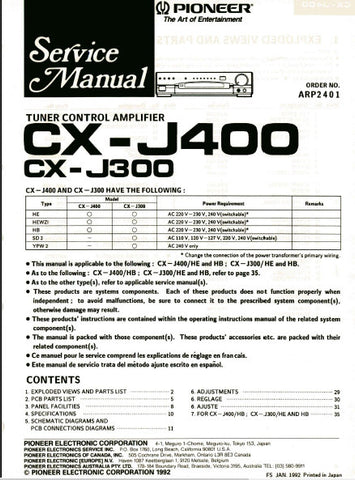 PIONEER CX-J400 CX-J300 TUNER CONTROL AMPLIFIER SERVICE MANUAL INC PCBS SCHEM DIAGS AND PARTS LIST 20 PAGES ENG