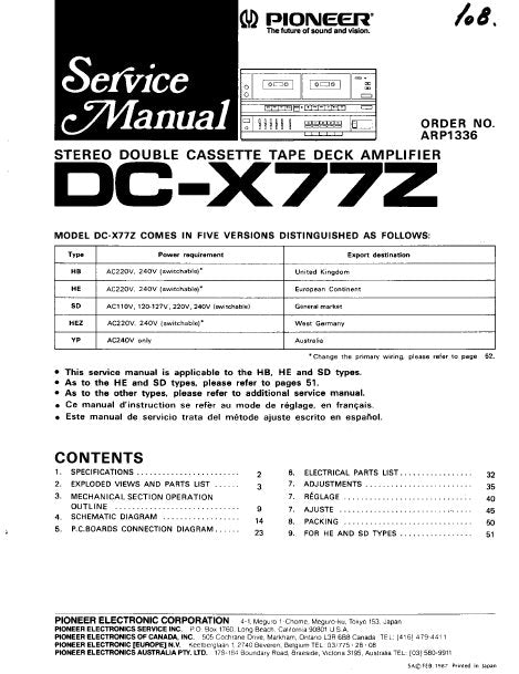 PIONEER DC-X77Z STEREO DOUBLE CASSETTE TAPE DECK AMPLIFIER SERVICE MANUAL INC PCBS SCHEM DIAG AND PARTS LIST 35 PAGES ENG