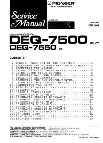 PIONEER DEQ-7500 DEQ-7550 DSP AUDIO PROCESSOR SERVICE MANUAL INC BLK DIAG PCBS SCHEM DIAG AND PARTS LIST 52 PAGES ENG