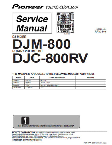 PIONEER DJM-800 DJ MIXER DJM-800RV ROTARY VOLUME KIT SERVICE MANUAL INC BLK DIAG PCBS SCHEM DIAGS AND PARTS LIST 176 PAGES ENG