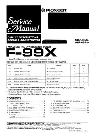 PIONEER F-99X FM AM DIGITAL SYNTHESIZER TUNER SERVICE MANUAL INC BLK DIAG PCBS SCHEM DIAG AND PARTS LIST 24 PAGES ENG